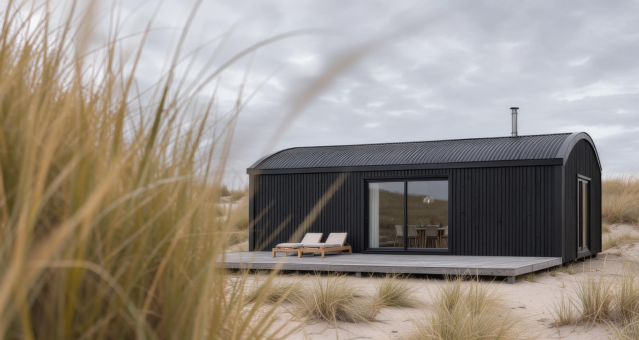 Holiday house in the dunes, blurred grass in the left foreground — Flux.3 Klein, JSON prompt with bounding boxes